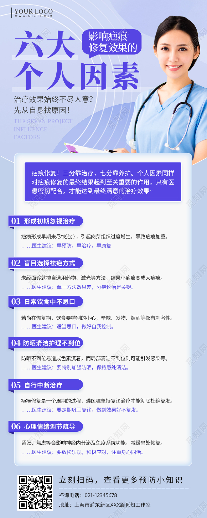 蓝紫色简约商务影响修复效果因素医疗知识宣传长图医疗医院