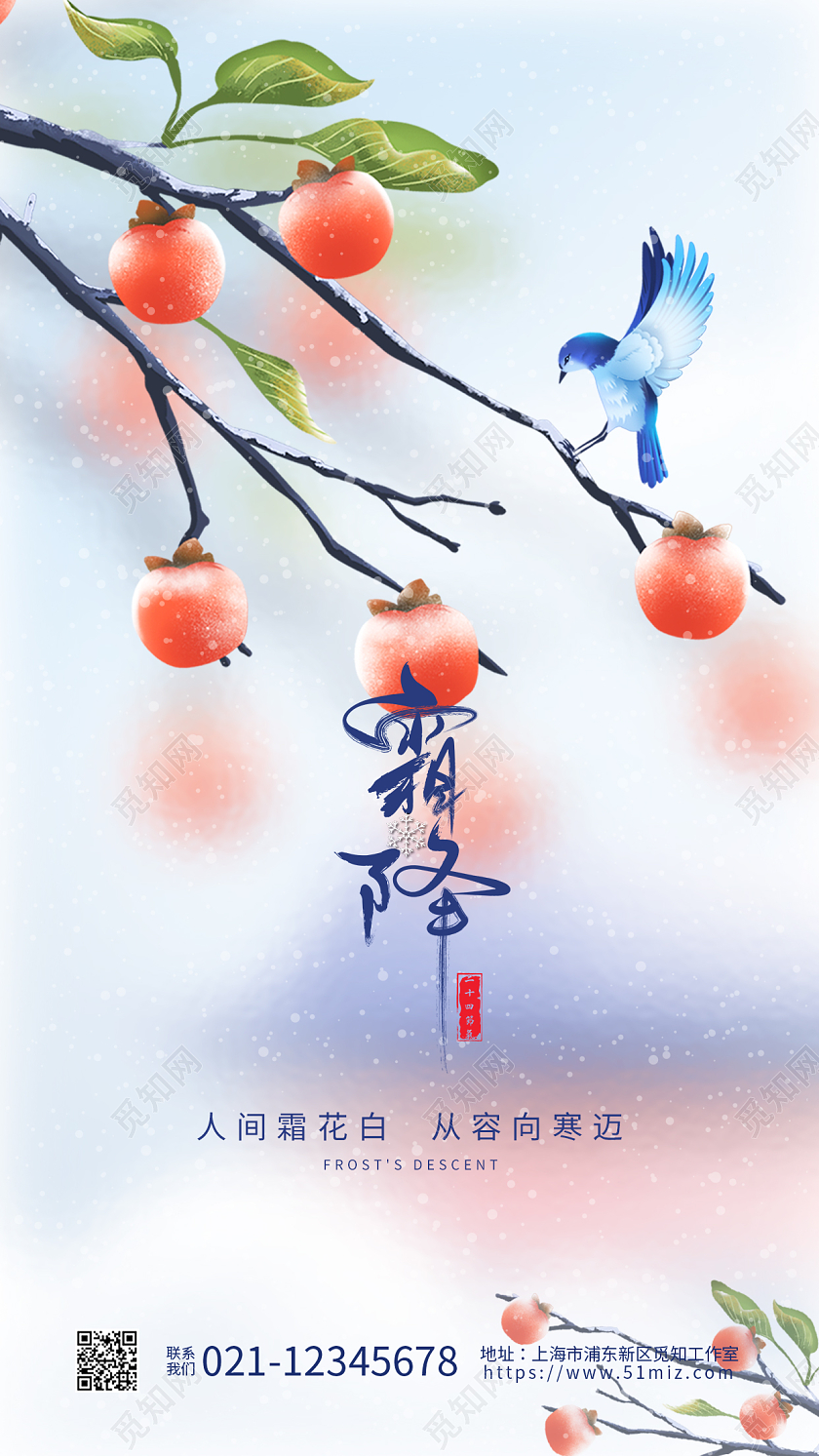 毛玻璃简约霜降手机宣传海报