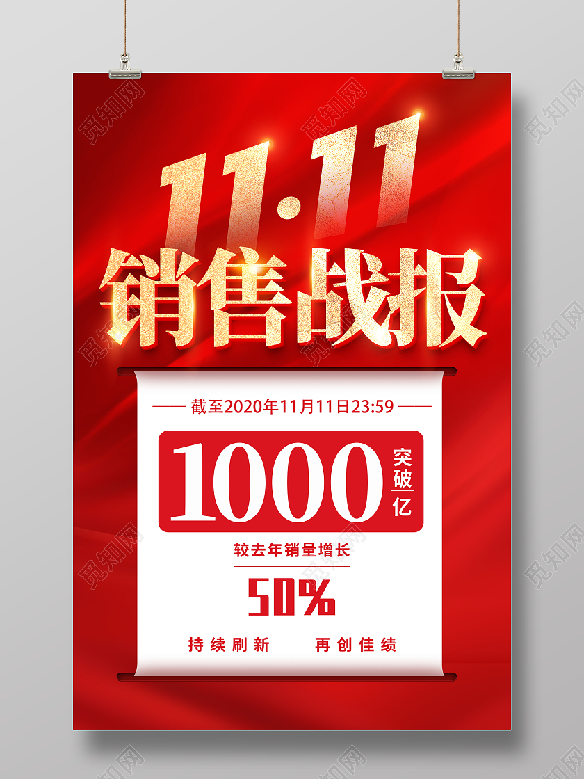 红色大气双11销售战报宣传活动海报双十一战报