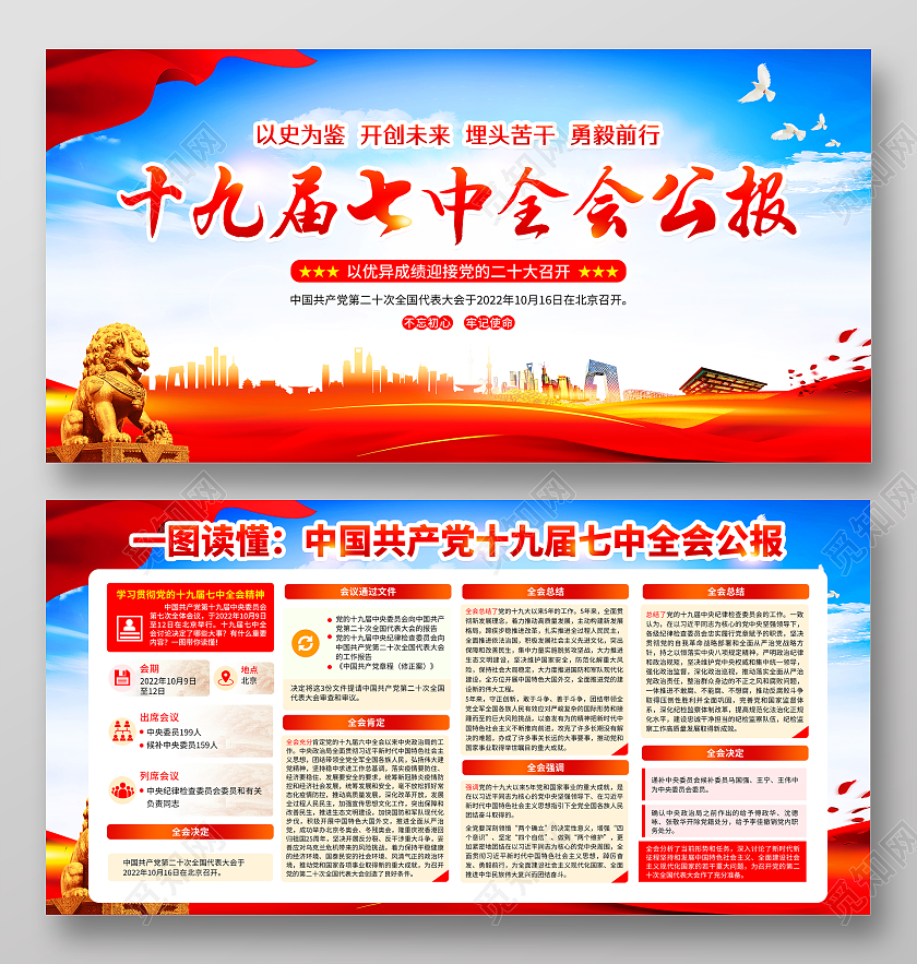 蓝色风格党的十九届七中全会宣传栏