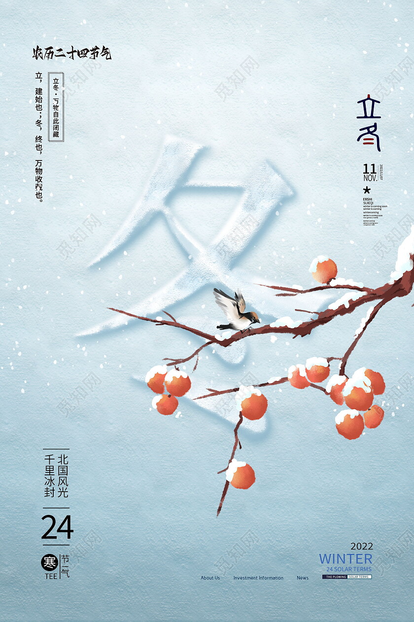 中国传统二十四节气立冬柿子插画手机海报设计立冬海报节日