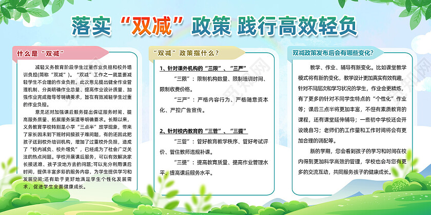 蓝天草地手绘落实双减政策践行高效轻负双减宣传栏