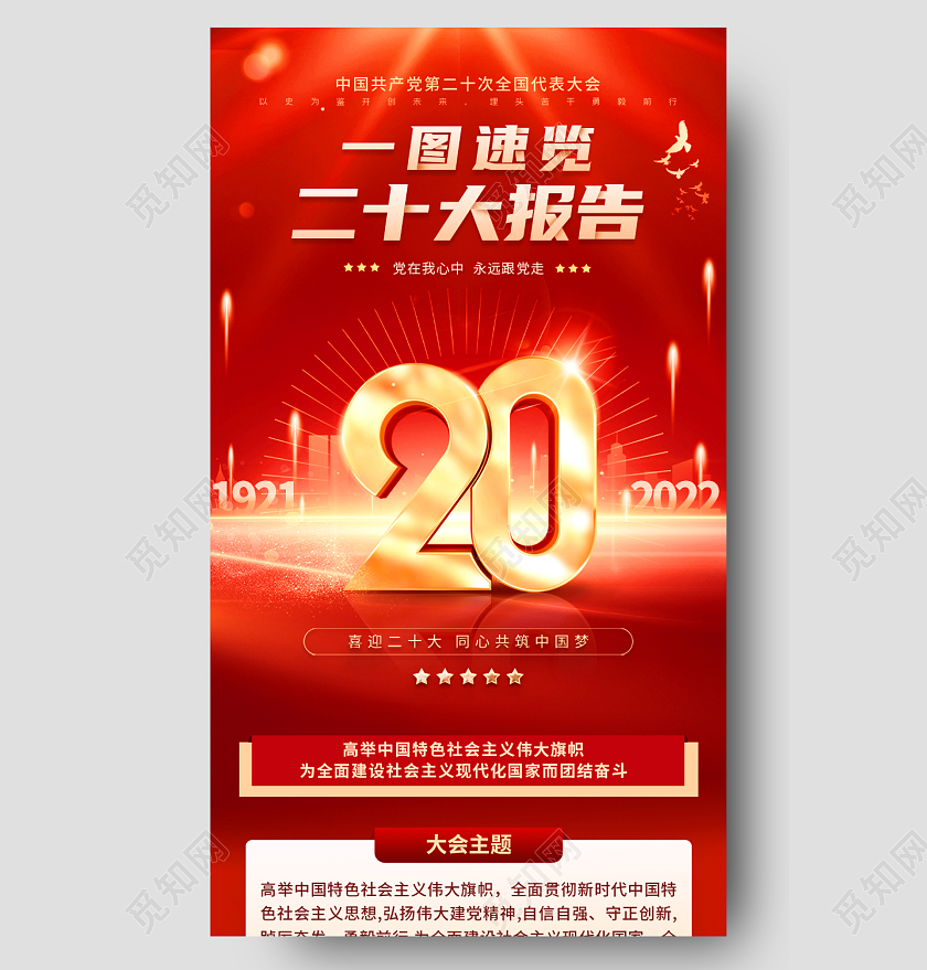 红色商务风一图速览二十大报告喜迎二十大永远跟党走长图