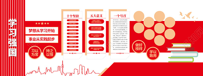 红色简约风梦想从学习开始事业从实践起步学习强国文化墙