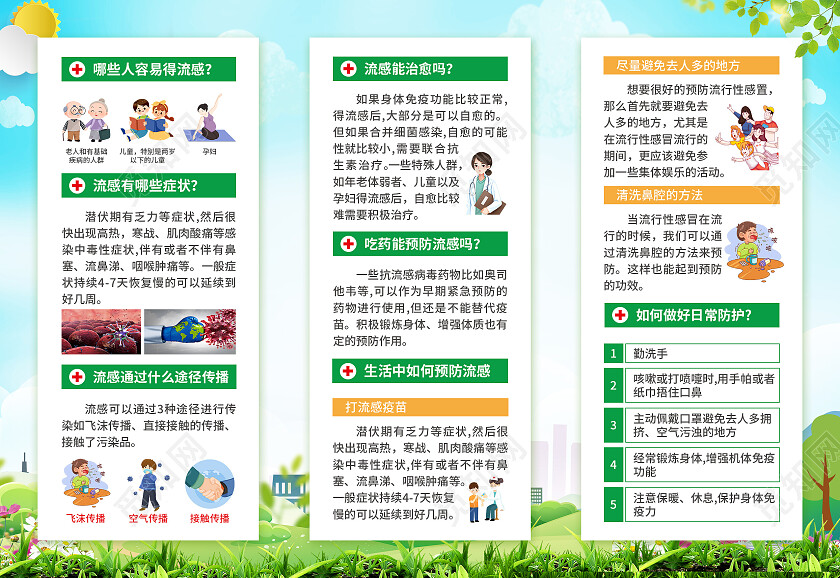 蓝绿色简约大气风预防流感守护健康冬季健康教育宣传栏三折页