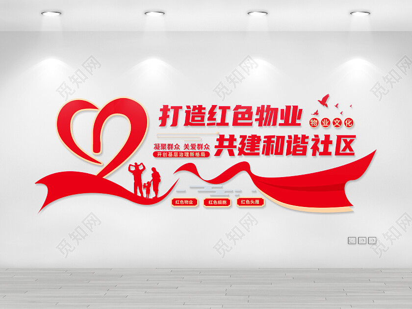 红色简约打造红色物业共建和谐社区物业文化墙
