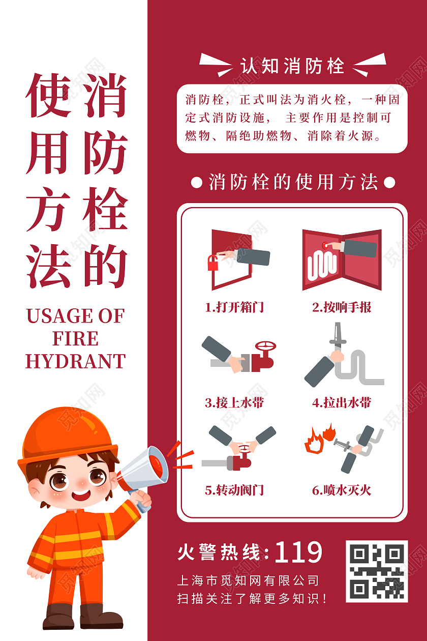 消防安全简约红色卡通119消防安全消防栓使用方法海报消防栓使用科普