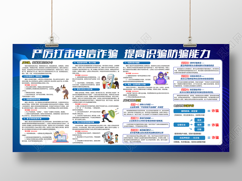 蓝色大气严厉打击电信诈骗提高识骗防骗能力宣传展板