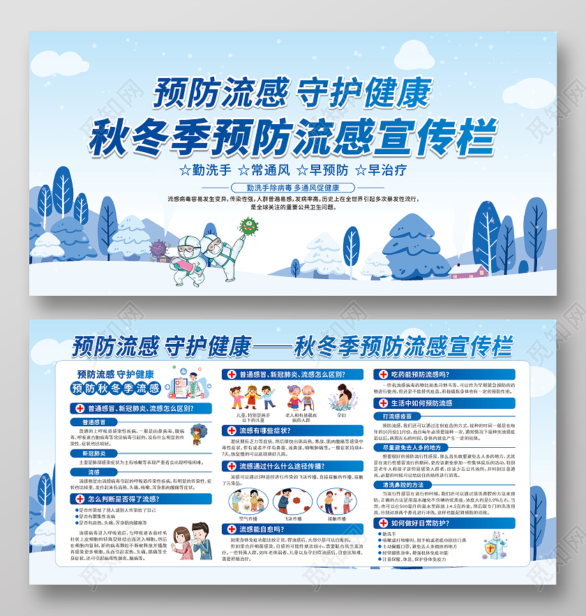 蓝色卡通秋冬季预防流感冬季健康教育宣传栏