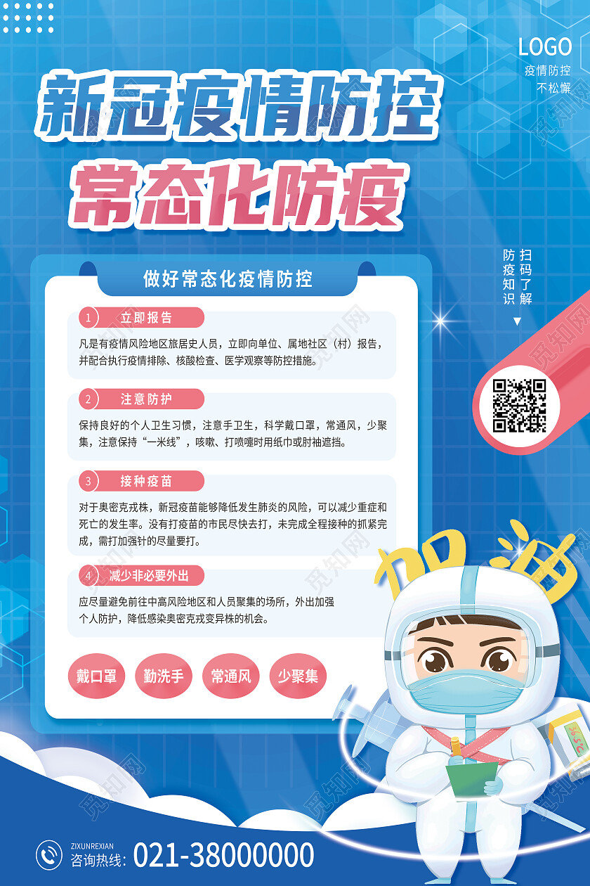 蓝色简约新冠疫情防控常态化防疫防疫海报