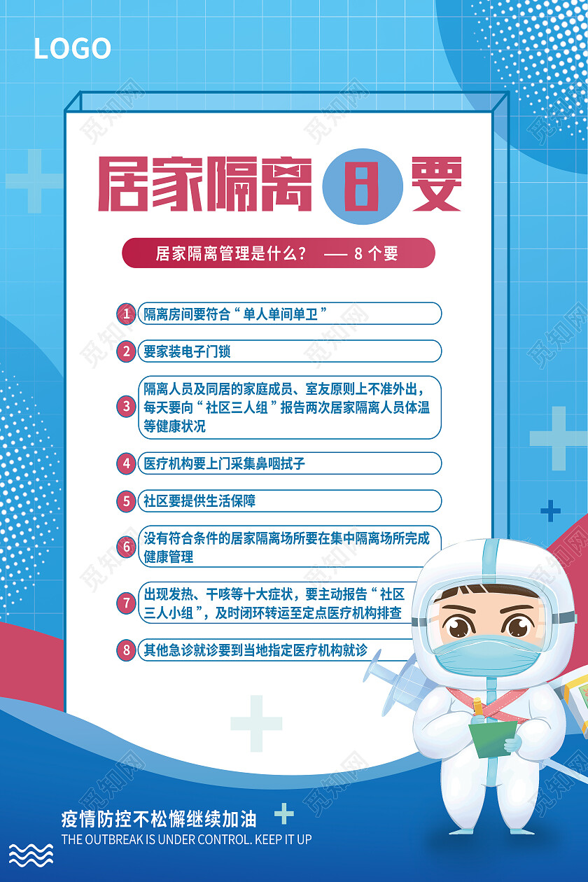 蓝色简约居家隔离8要防疫海报