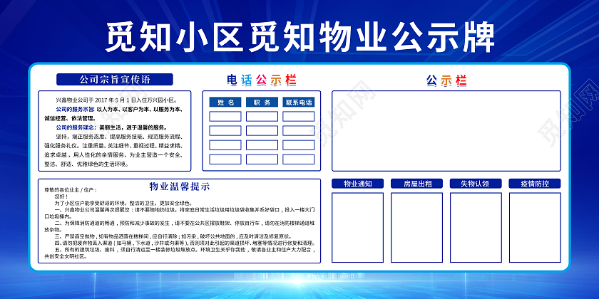 蓝色大气物业服务展板物业宣传栏物业制度