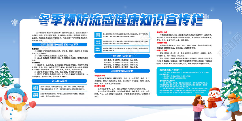 蓝色简约冬季预防流感健康知识宣传栏冬季养生宣传栏展板