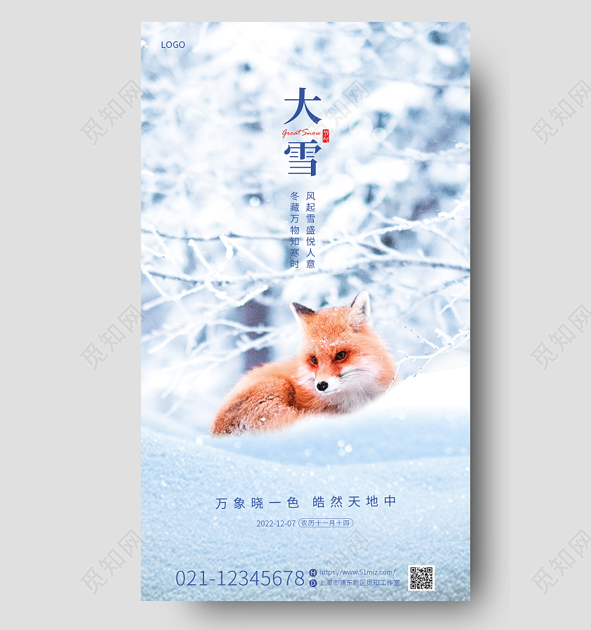 蓝色清新摄影图传统二十四节气大雪手机宣传海报