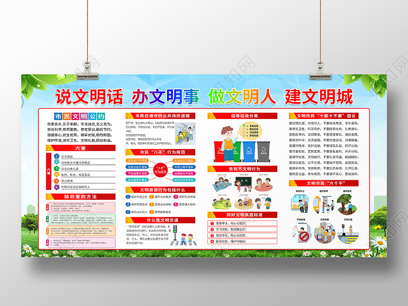 绿色简约卡通说文明话办文明事做文明人建文明城展板文明城市宣传栏