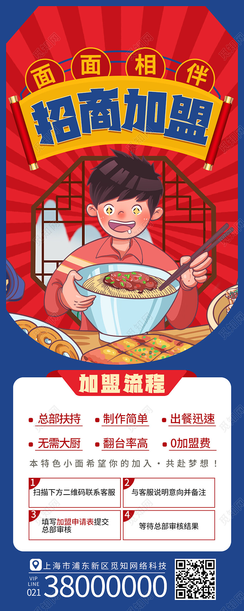 红色卡通招商加盟面条招商招商长图