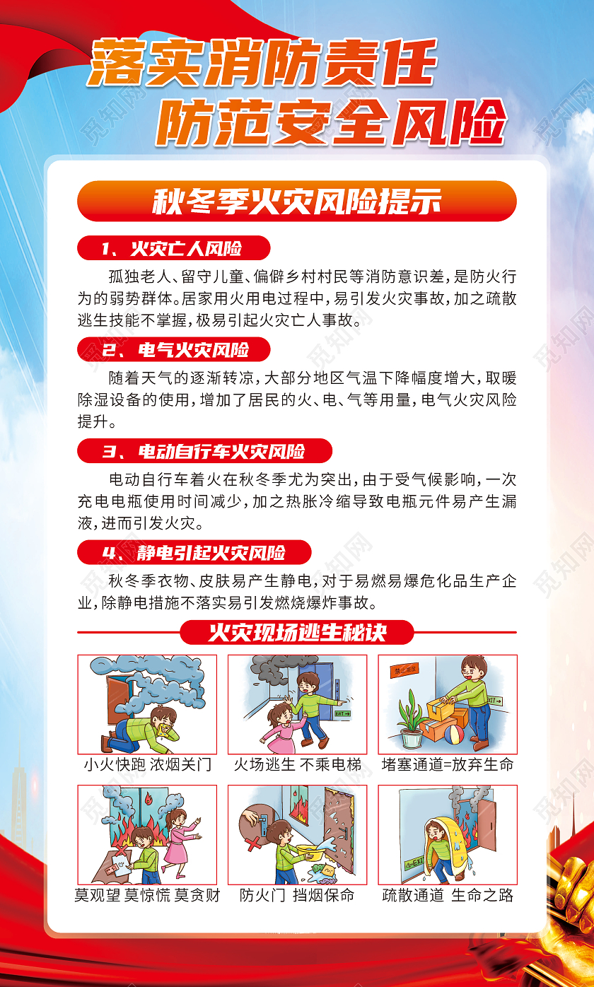 红色卡通落实消防责任防范安全风险套图