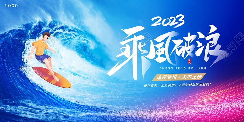 励志蓝色大气2023年会年终总结乘风破浪企业宣传展板