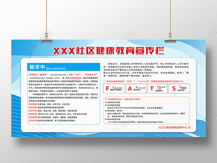 蓝色简约社区健康教育宣传栏脑卒中宣传栏展板