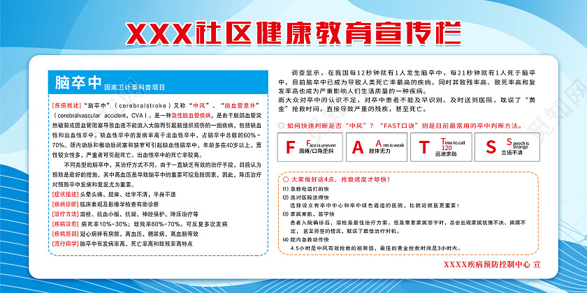 蓝色简约社区健康教育宣传栏脑卒中宣传栏展板