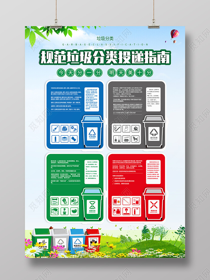 蓝色清新垃圾分类规范投递指南海报背景垃圾分类海报