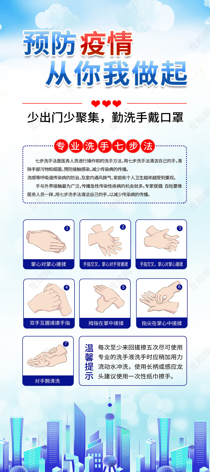 蓝色简约预防疫情从你我做起七步洗手法展架易拉宝