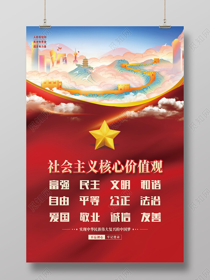 红色简约社会主义核心价值观价值观海报