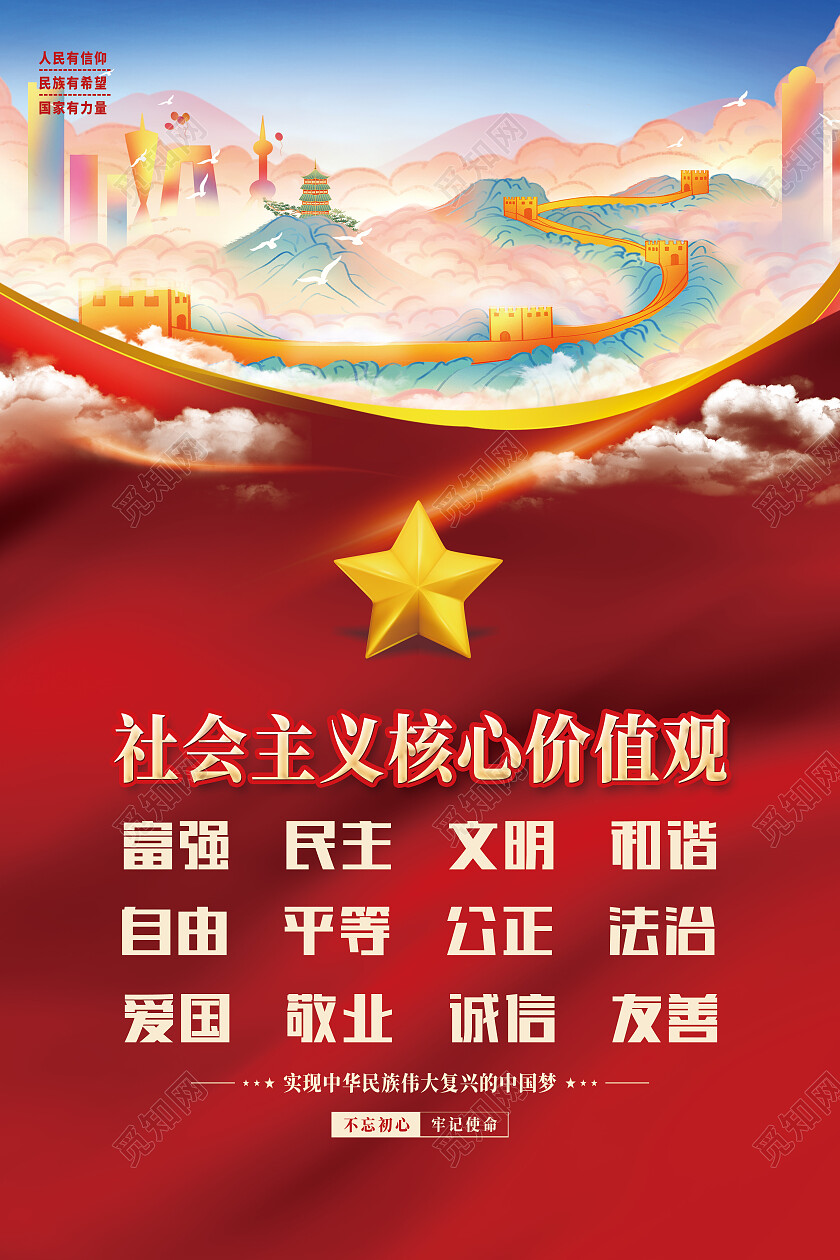 红色简约社会主义核心价值观价值观海报