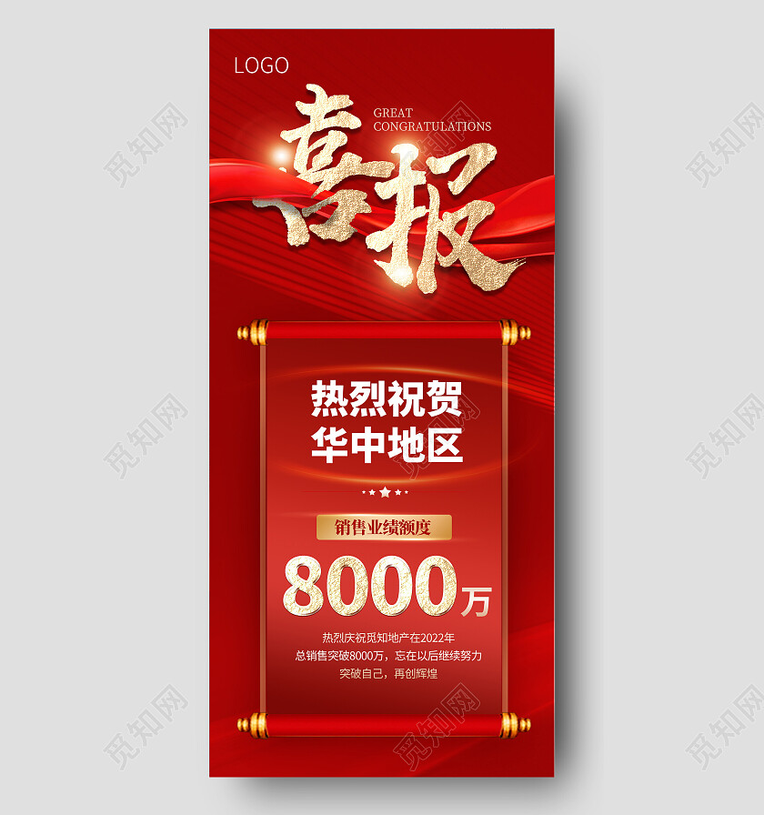 红色大气烫金销售业绩喜报贺报手机海报贺报