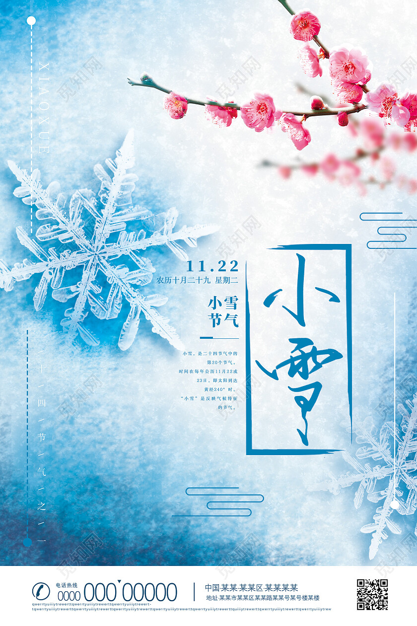 蓝色雪花创意冬天二十四节气小雪海报节日