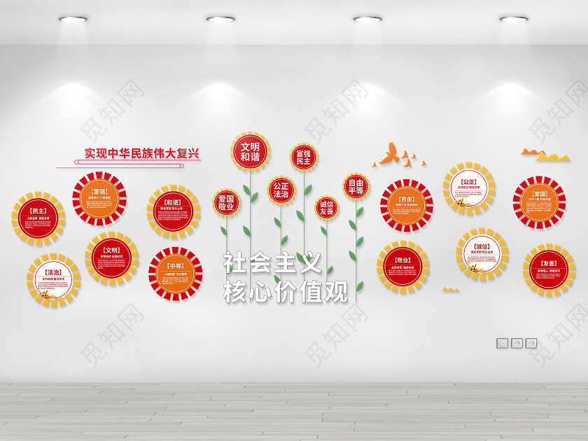 红色橘色简约卡通社会主义核心价值观文化墙