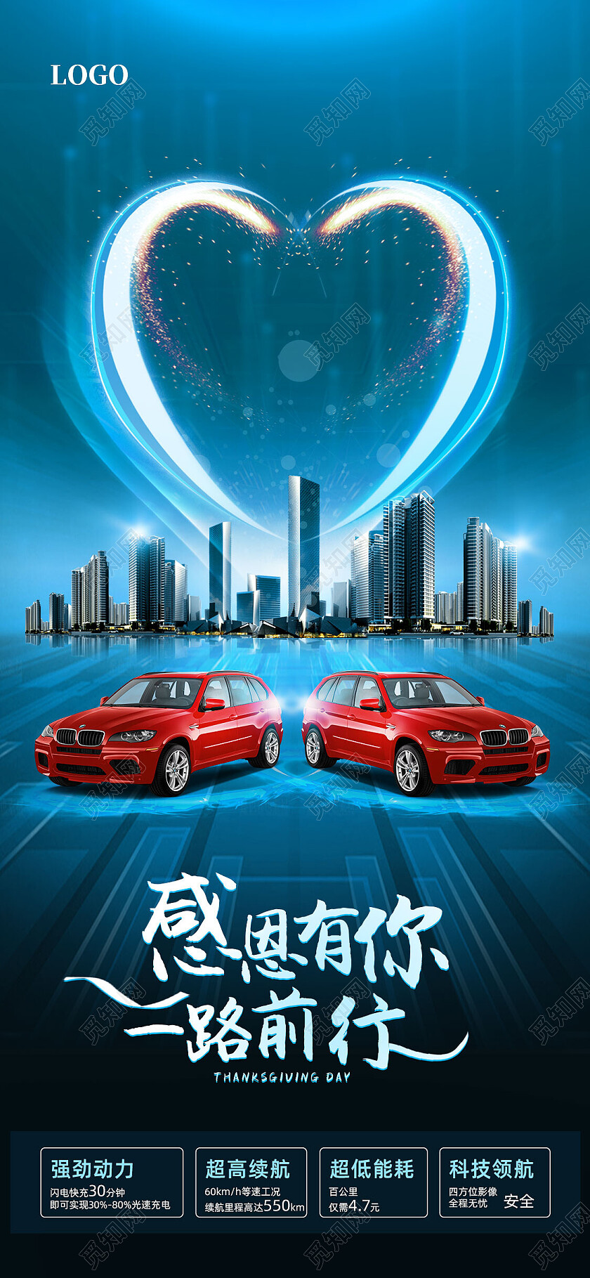 蓝色科技城市感恩有你一路前行汽车借势感恩节手机宣传海报节日