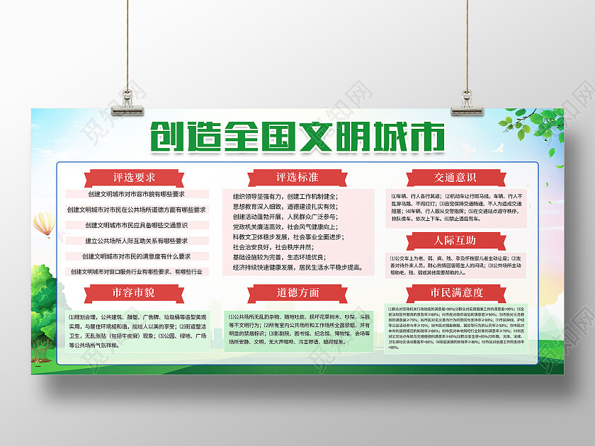 绿色简约创造全国文明城市文明城市宣传栏展板