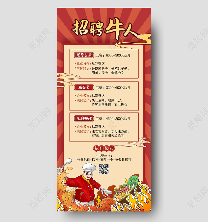 红色国潮中国风招聘牛人厨师餐厅招聘手机文案海报