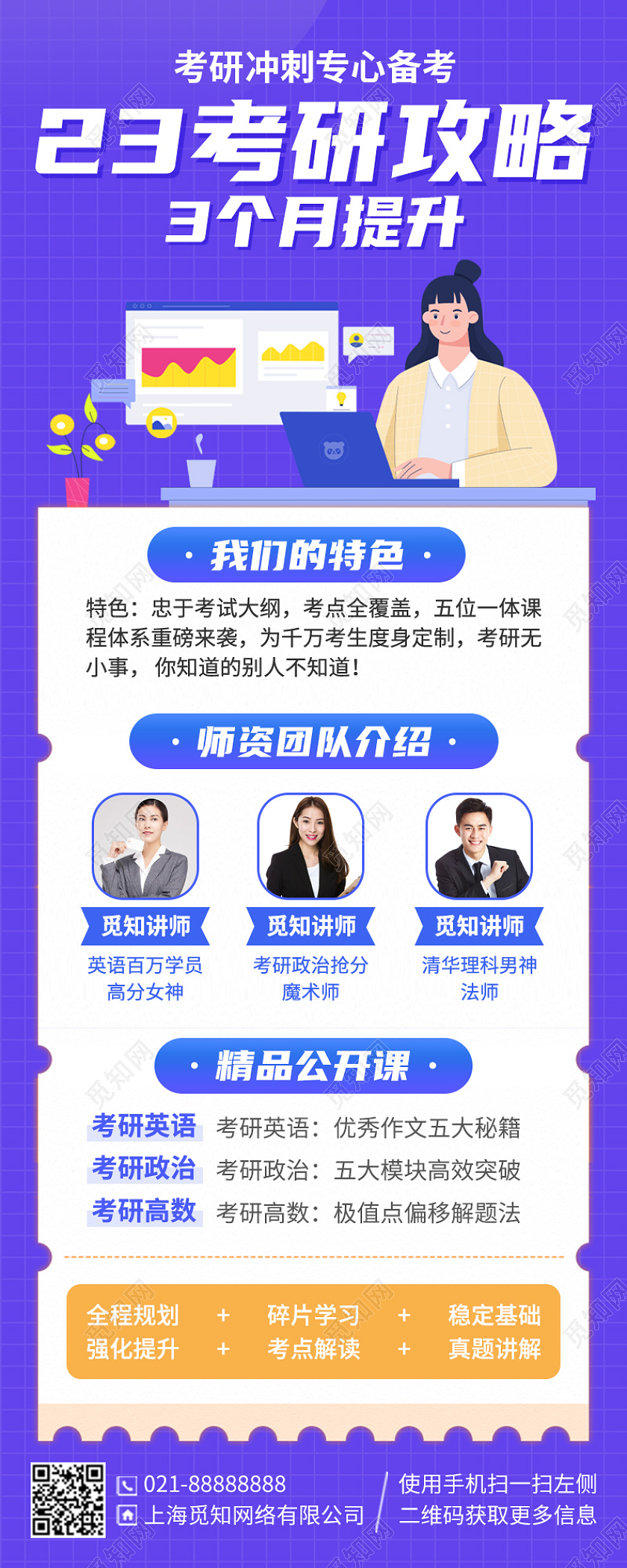 考研攻略插画风蓝色手机海报