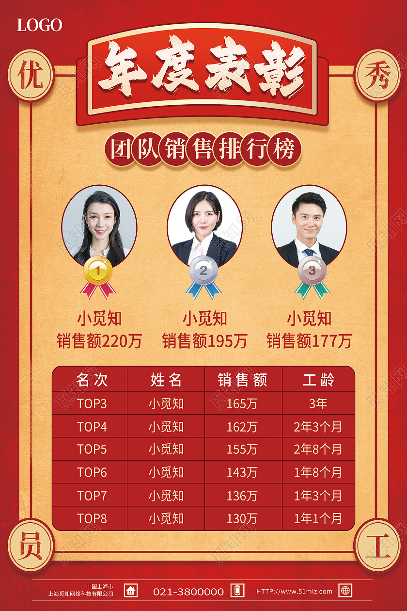 红色简约年度表彰排行榜海报