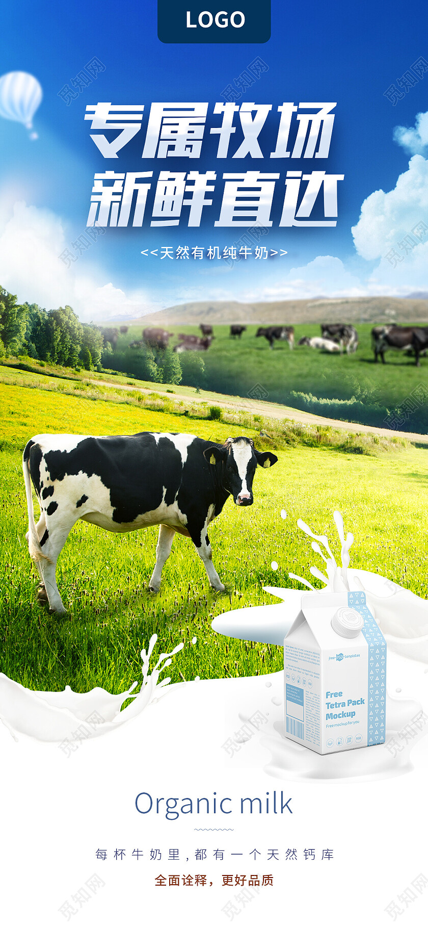 蓝色简约专属牧场新鲜直达牛奶手机宣传海报