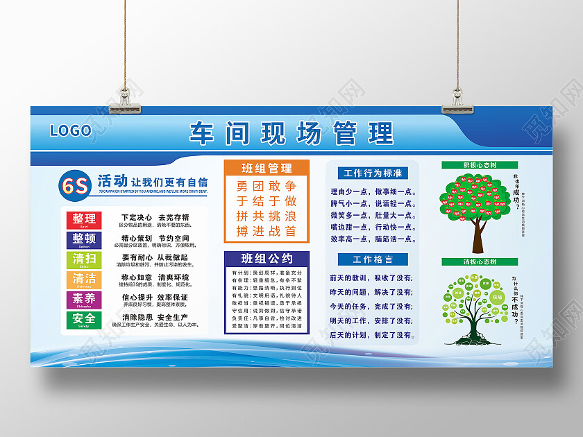 蓝色简约车间生产安全管理展板背景车间展板