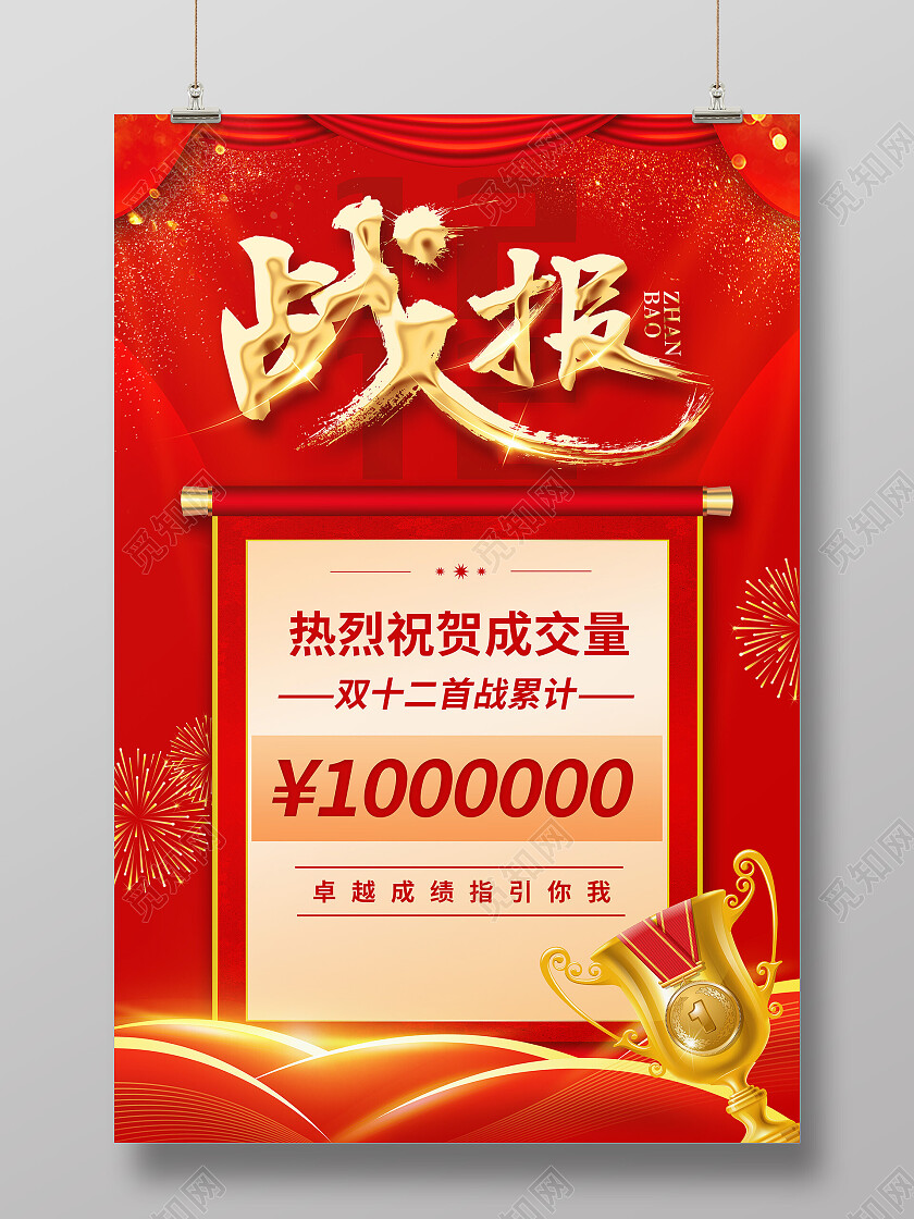 红色喜庆烫金双十二战报贺报文案海报