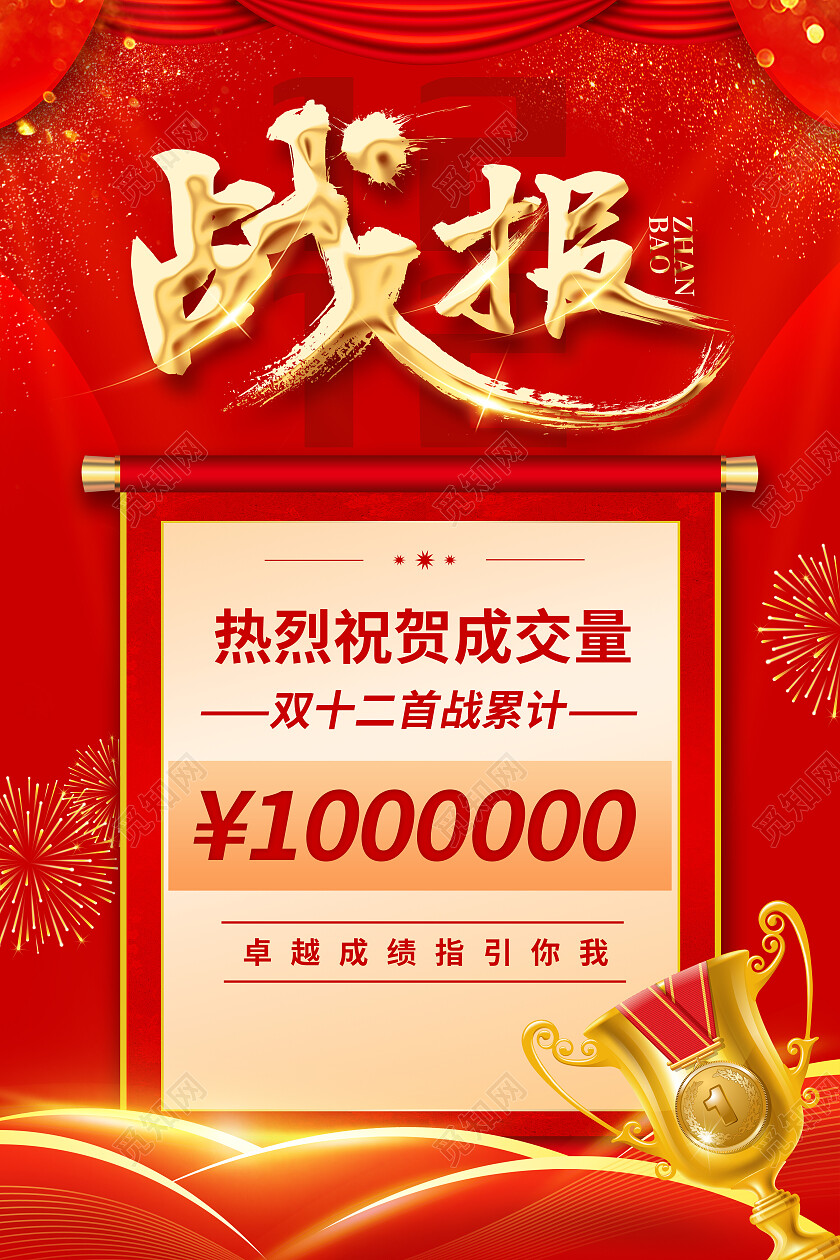 红色喜庆烫金双十二战报贺报文案海报