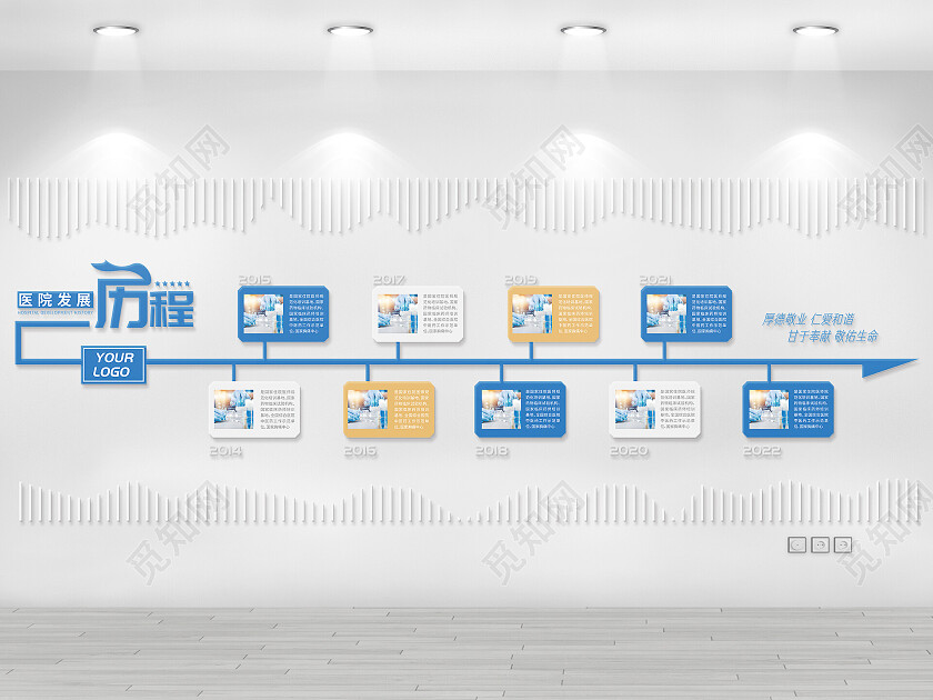 蓝色简约风甘于奉献敬佑生命医院发展历程文化墙