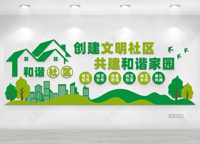 绿色大气创建文明社区文化墙和谐社区文化墙