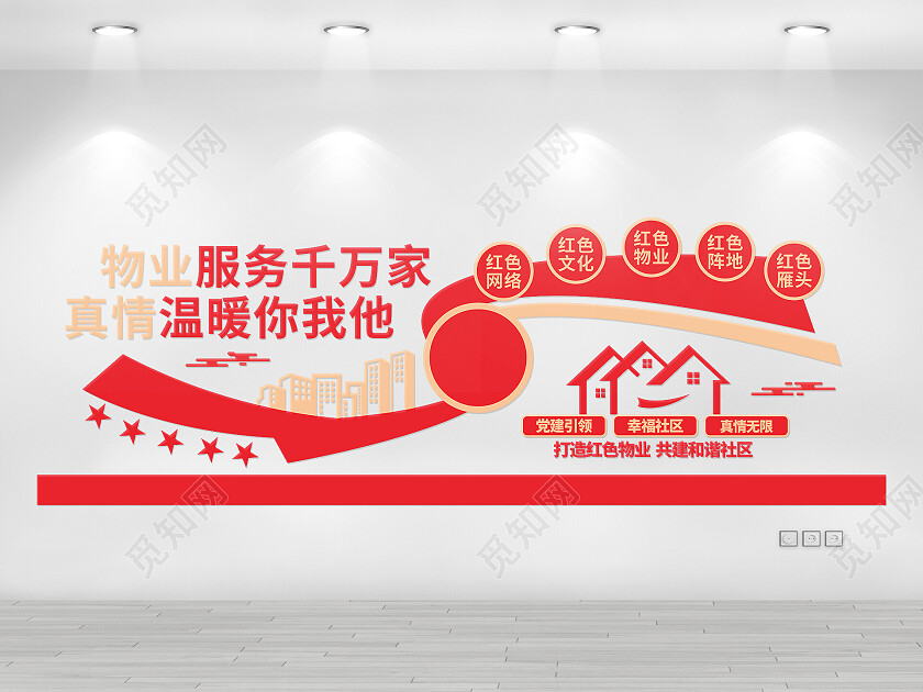 红色简约大气引擎物业简约党建标语口号党建文化墙红色物业文化墙
