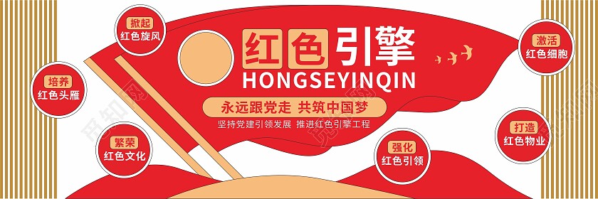 红色简约大气引擎物业简约党建标语口号党建文化墙红色物业文化墙