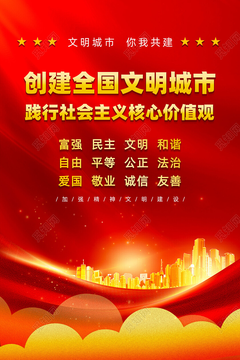 红色烫金创建全国文明城市海报