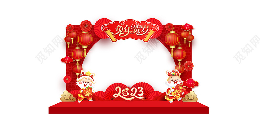 红色中国剪纸风兔年贺岁2023兔年拍照框2023兔年新年