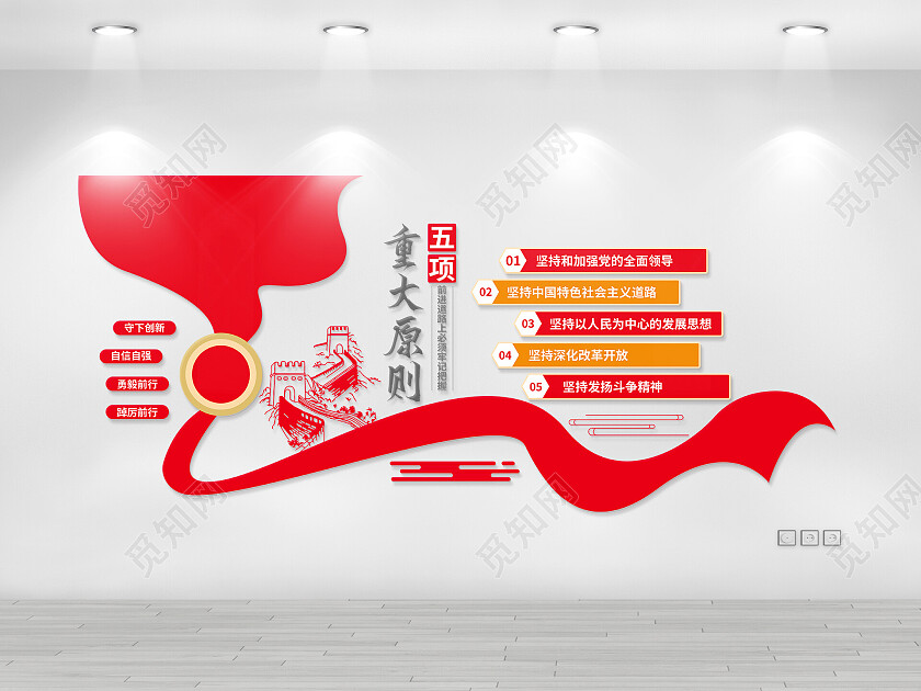 红色简约风守下创新勇毅前行五项重大原则文化墙
