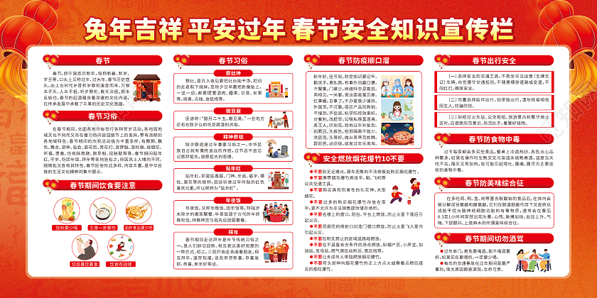红色兔年吉祥平安过年春节安全知识宣传栏2023春节安全