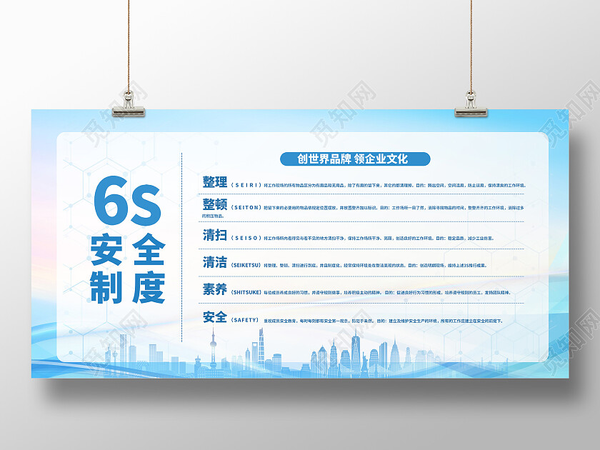 蓝色简约企业管理制度展板6s展板