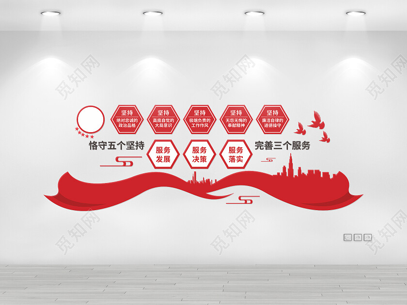 红色简约大气五个坚持三个服务党建文化墙